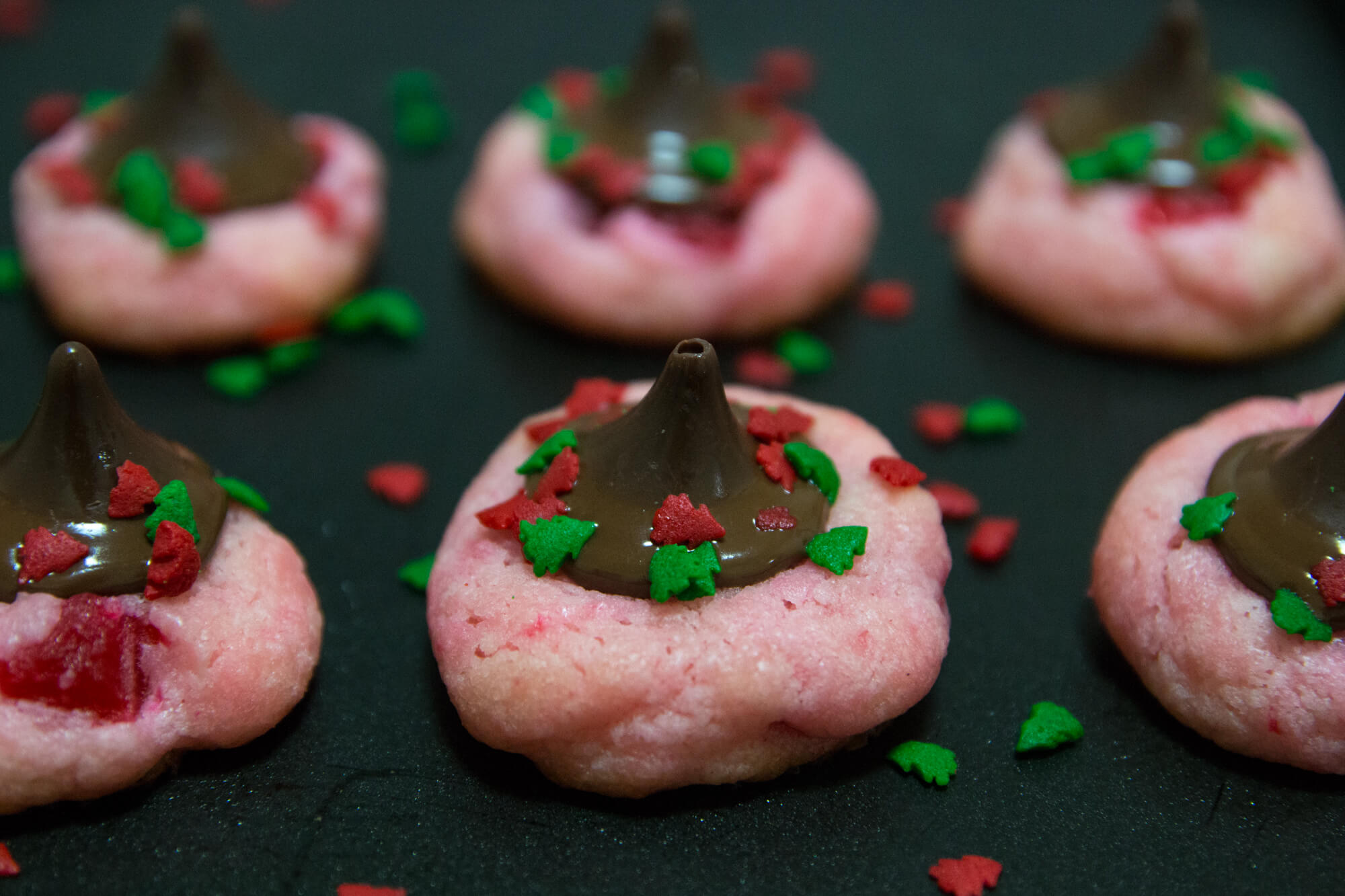 Cherry Chocolate Kiss-Mas Cookies (closeup)