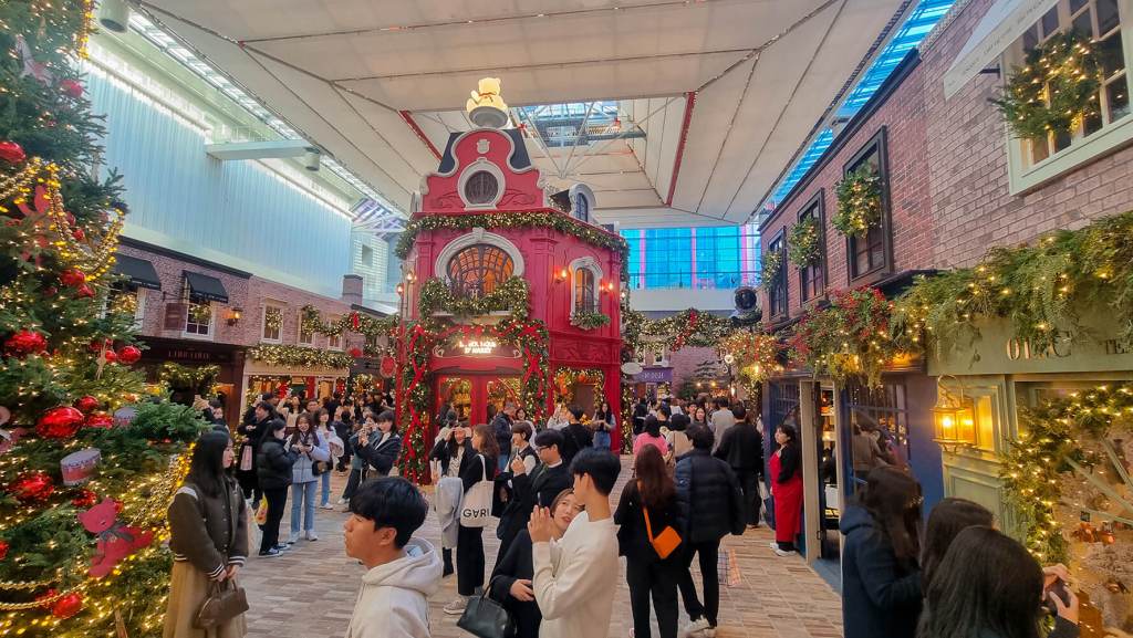colorful French Christmas market themed pop up at shopping mall